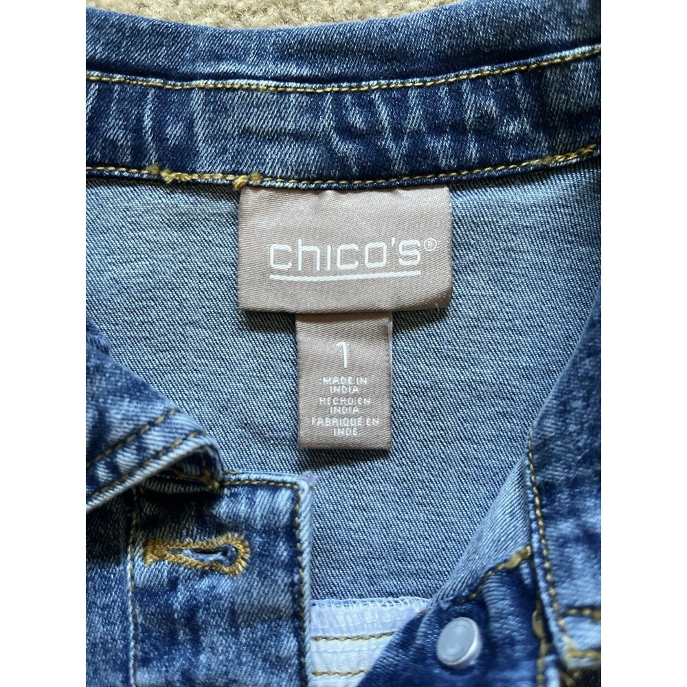 Chicos Woven Striped Mixed Media Denim Jacket Multi Color Trucker Blue Womens M - Picture 7 of 9